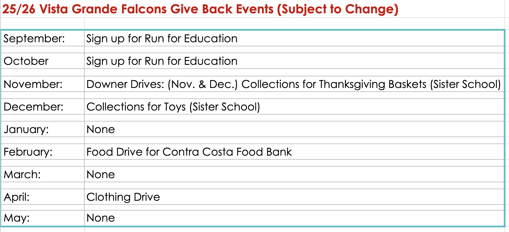 Image of Falcon Give Back Events during the school year