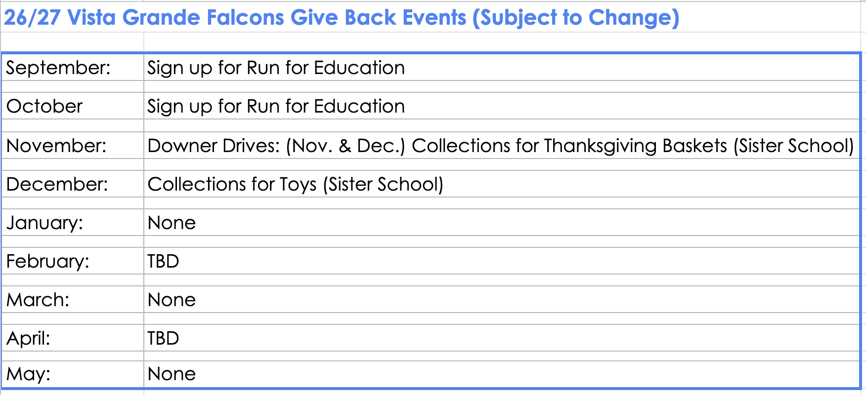 Image of Falcon Give Back Events during the school year