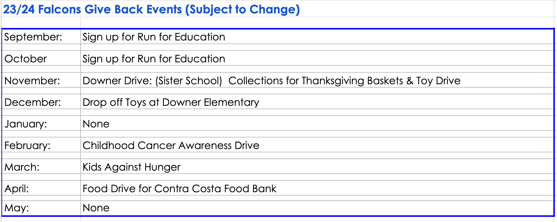 Image of Falcon Give Back Events during the school year