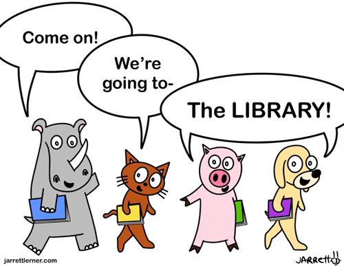 Group of animals going to the library.