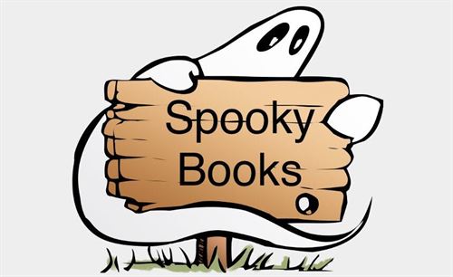 Ghost holding "Spooky Books" sign